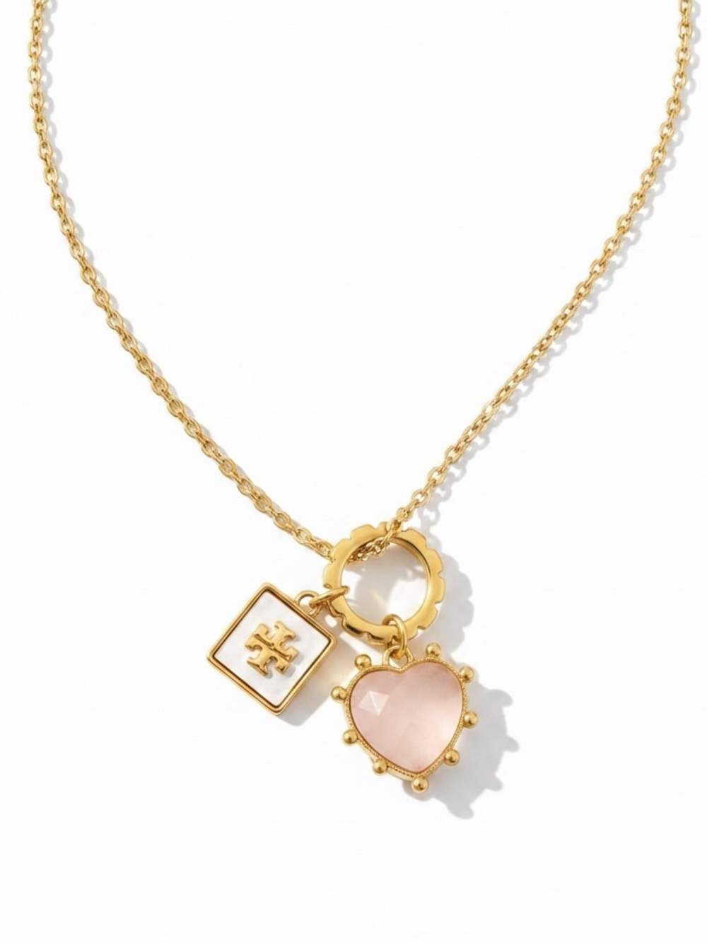 Tory Burch Gold Necklace with Pink Heart and Logo Tag